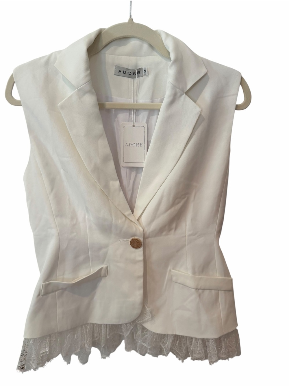 Adore White Sleeveless Blazer Vest Lace Ruffle Hem Gold Button Medium NWT